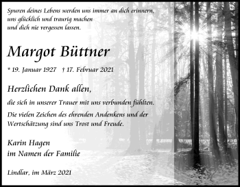 Anzeige von Margot Büttner von Kölner Stadt-Anzeiger / Kölnische Rundschau / Express