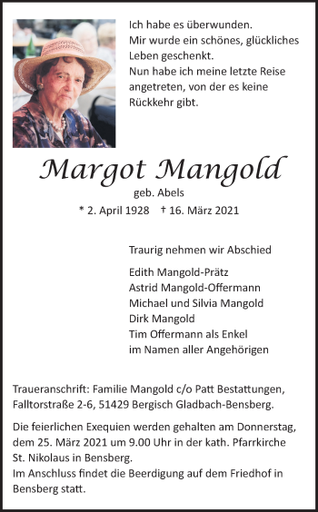 Anzeige von Margot Mangold von Kölner Stadt-Anzeiger / Kölnische Rundschau / Express