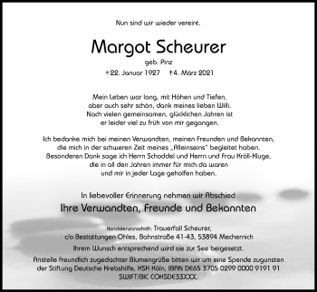Anzeige von Margot Scheurer von Kölner Stadt-Anzeiger / Kölnische Rundschau / Express