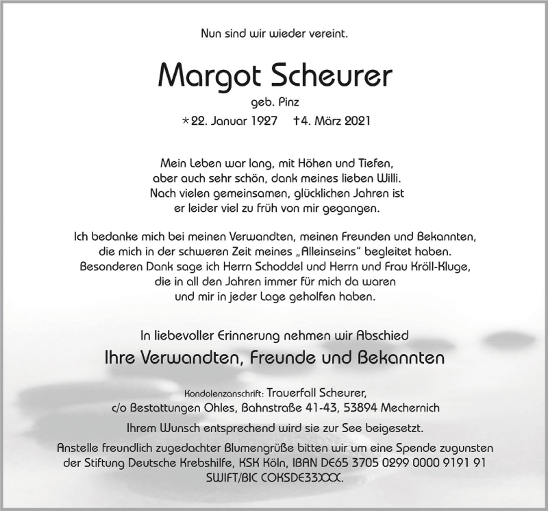  Traueranzeige für Margot Scheurer vom 13.03.2021 aus  Blickpunkt Euskirchen 