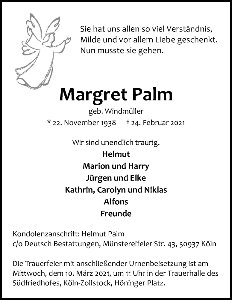  Traueranzeige für Margret Palm vom 06.03.2021 aus Kölner Stadt-Anzeiger / Kölnische Rundschau / Express