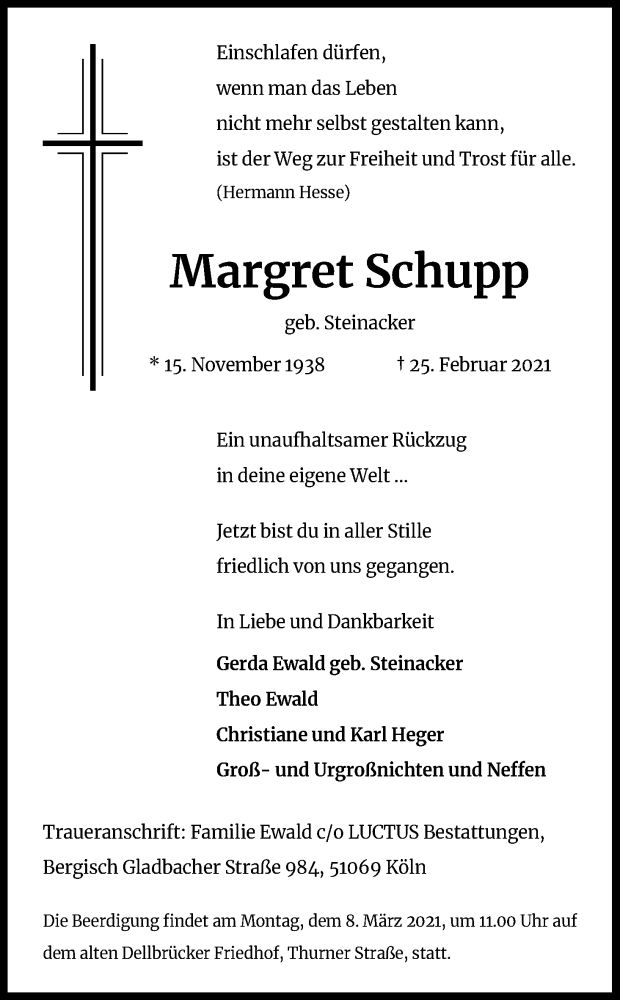  Traueranzeige für Margret Schupp vom 03.03.2021 aus Kölner Stadt-Anzeiger / Kölnische Rundschau / Express