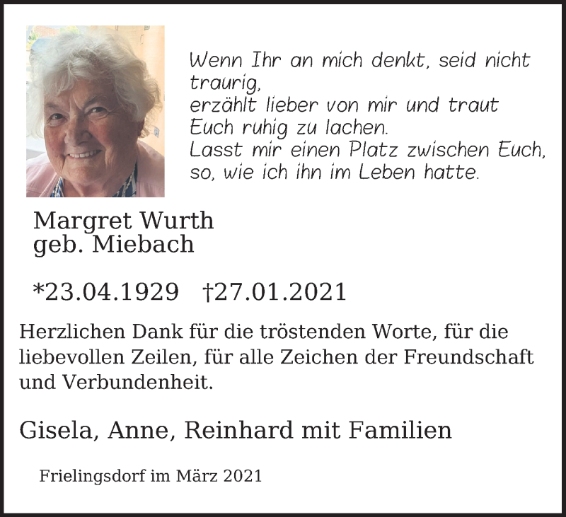  Traueranzeige für Margret Wurth vom 13.03.2021 aus Kölner Stadt-Anzeiger / Kölnische Rundschau / Express