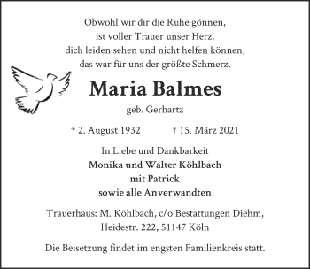 Anzeige von Maria Balmes von  Kölner Wochenspiegel 