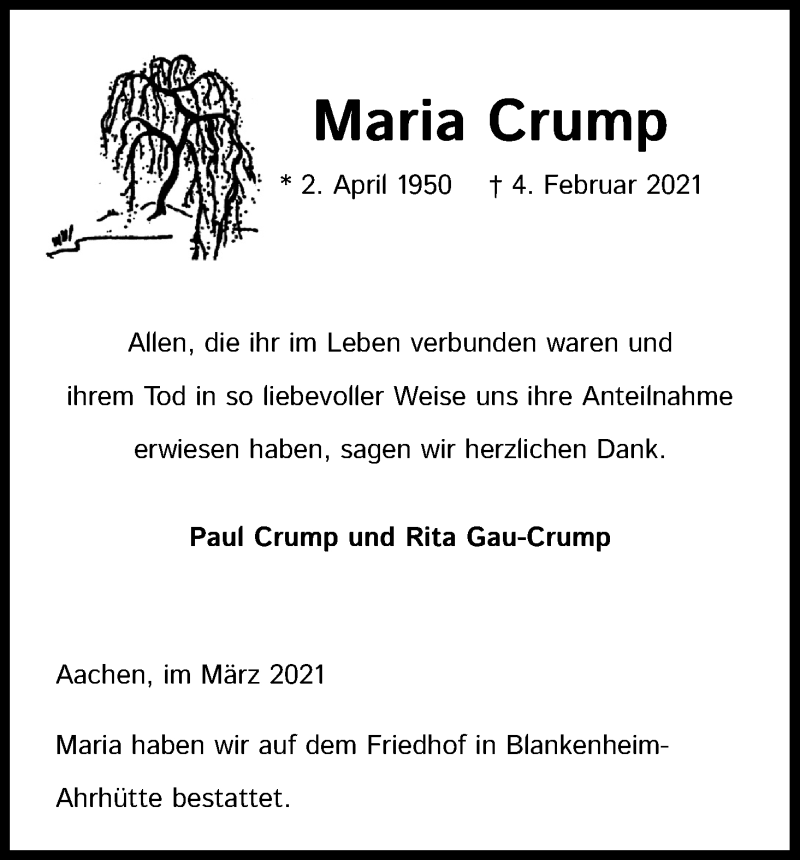  Traueranzeige für Maria Crump vom 10.03.2021 aus Kölner Stadt-Anzeiger / Kölnische Rundschau / Express