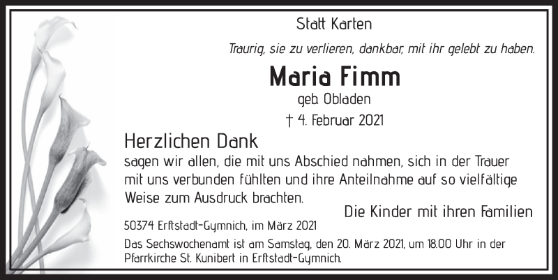  Traueranzeige für Maria Fimm vom 12.03.2021 aus  Werbepost 