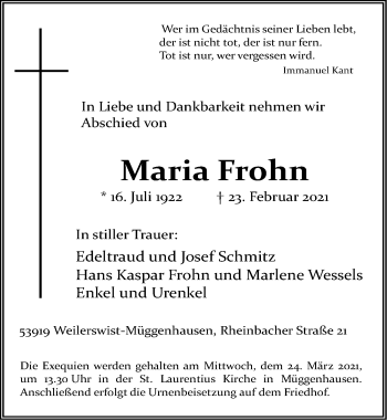 Anzeige von Maria Frohn von  Blickpunkt Euskirchen 