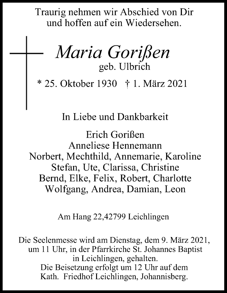  Traueranzeige für Maria Gorißen vom 06.03.2021 aus Kölner Stadt-Anzeiger / Kölnische Rundschau / Express