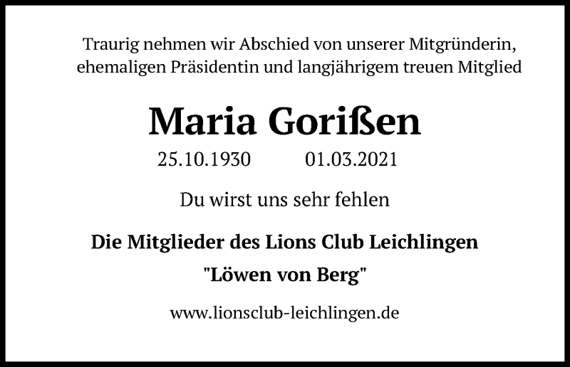  Traueranzeige für Maria Gorißen vom 09.03.2021 aus Kölner Stadt-Anzeiger / Kölnische Rundschau / Express