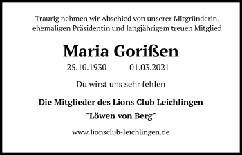 Anzeige von Maria Gorißen von Kölner Stadt-Anzeiger / Kölnische Rundschau / Express