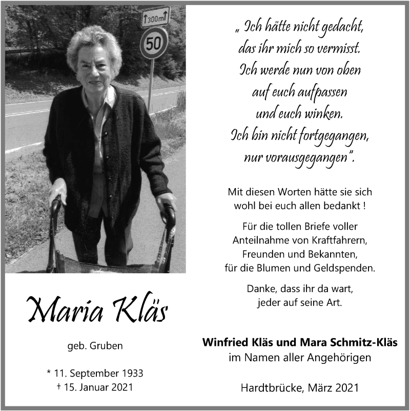  Traueranzeige für Maria KLäs vom 13.03.2021 aus  Blickpunkt Euskirchen 