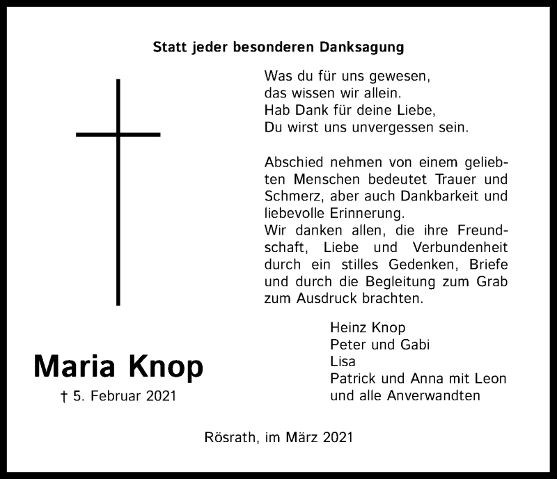  Traueranzeige für Maria Knop vom 06.03.2021 aus Kölner Stadt-Anzeiger / Kölnische Rundschau / Express