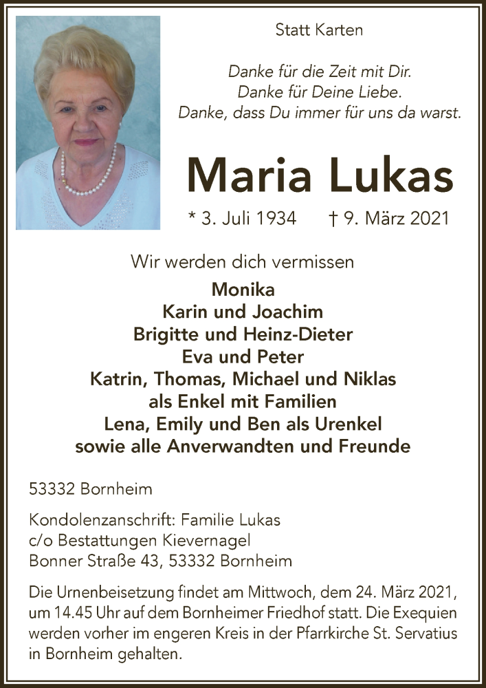  Traueranzeige für Maria Lukas vom 19.03.2021 aus  Schaufenster/Blickpunkt 