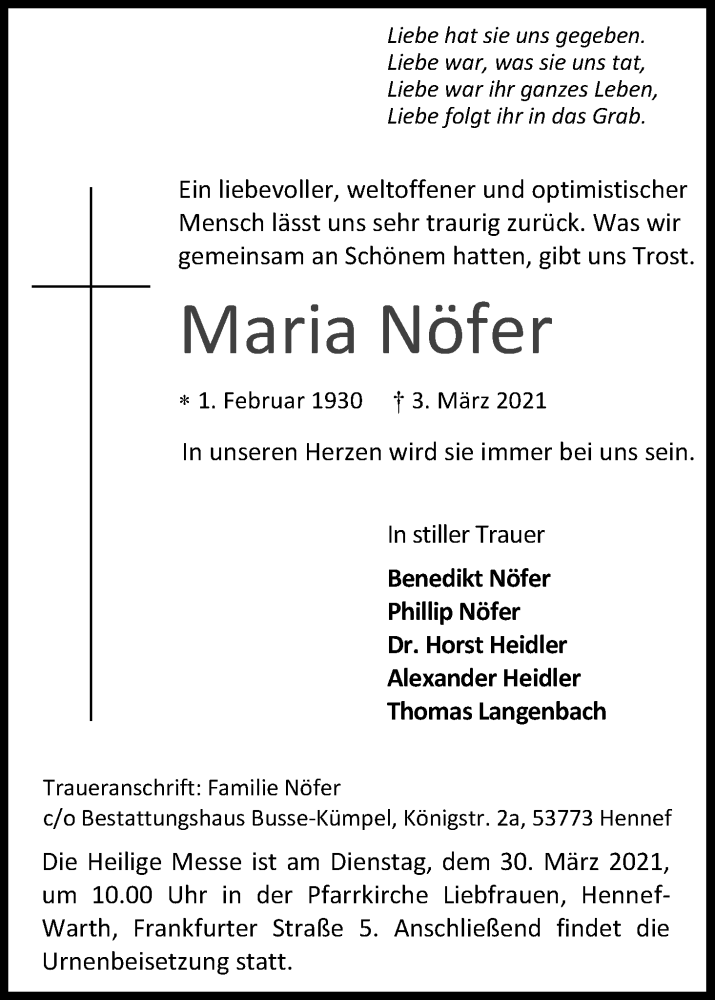  Traueranzeige für Maria Nöfer vom 27.03.2021 aus Kölner Stadt-Anzeiger / Kölnische Rundschau / Express