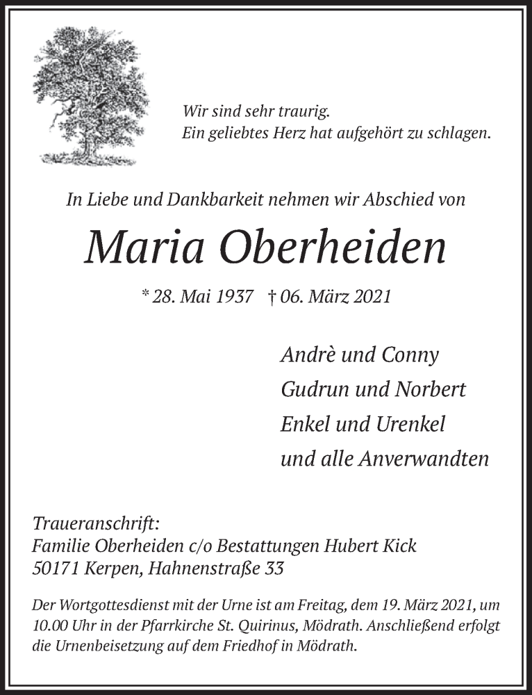  Traueranzeige für Maria Oberheiden vom 12.03.2021 aus  Werbepost 