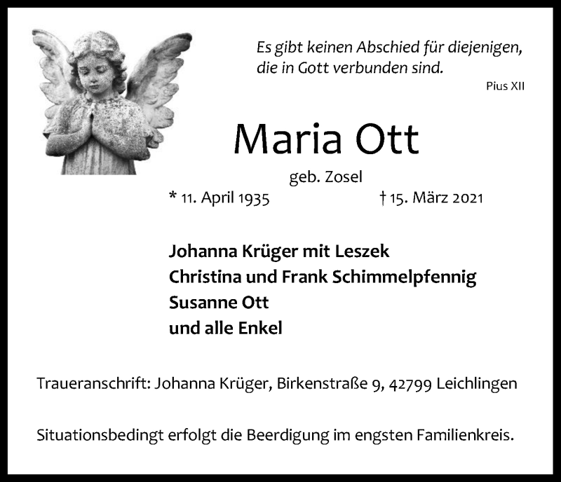  Traueranzeige für Maria Ott vom 20.03.2021 aus Kölner Stadt-Anzeiger / Kölnische Rundschau / Express