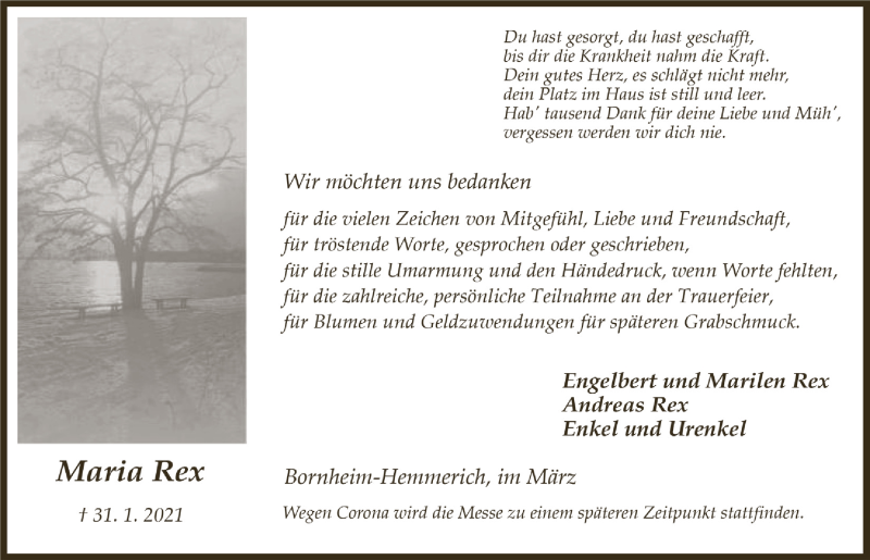  Traueranzeige für Maria Rex vom 05.03.2021 aus  Schaufenster/Blickpunkt 