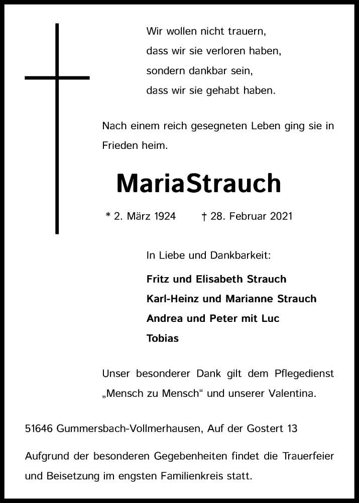  Traueranzeige für Maria Strauch vom 06.03.2021 aus Kölner Stadt-Anzeiger / Kölnische Rundschau / Express