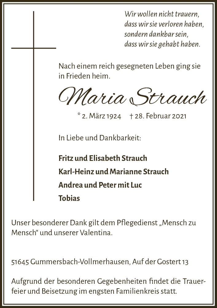  Traueranzeige für Maria Strauch vom 05.03.2021 aus  Anzeigen Echo 