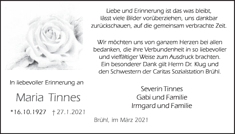  Traueranzeige für Maria Tinnes vom 05.03.2021 aus  Schlossbote/Werbekurier 
