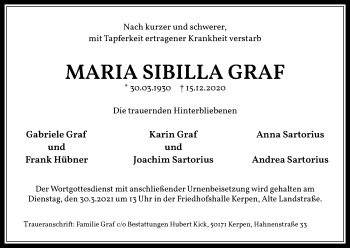 Anzeige von Maria Sibilla Graf von Kölner Stadt-Anzeiger / Kölnische Rundschau / Express
