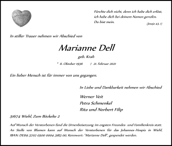Anzeige von Marianne Dell von Kölner Stadt-Anzeiger / Kölnische Rundschau / Express