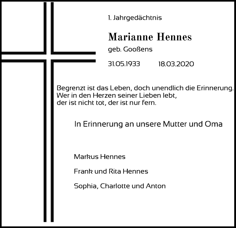  Traueranzeige für Marianne Hennes vom 20.03.2021 aus Kölner Stadt-Anzeiger / Kölnische Rundschau / Express