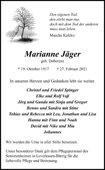 Anzeige von Marianne Jäger von Kölner Stadt-Anzeiger / Kölnische Rundschau / Express