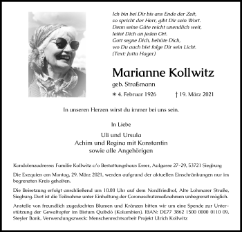 Anzeige von Marianne Kollwitz von Kölner Stadt-Anzeiger / Kölnische Rundschau / Express