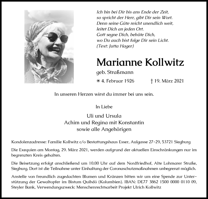  Traueranzeige für Marianne Kollwitz vom 27.03.2021 aus Kölner Stadt-Anzeiger / Kölnische Rundschau / Express