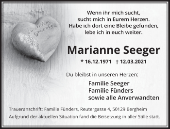 Anzeige von Marianne Seeger von  Wochenende  Werbepost 