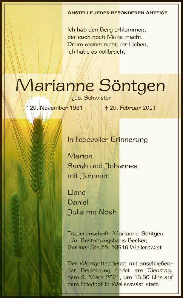  Traueranzeige für Marianne Söntgen vom 06.03.2021 aus  Schlossbote/Werbekurier 