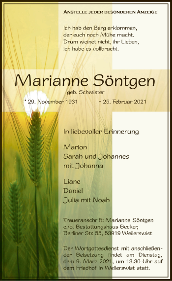 Anzeige von Marianne Söntgen von  Schlossbote/Werbekurier 