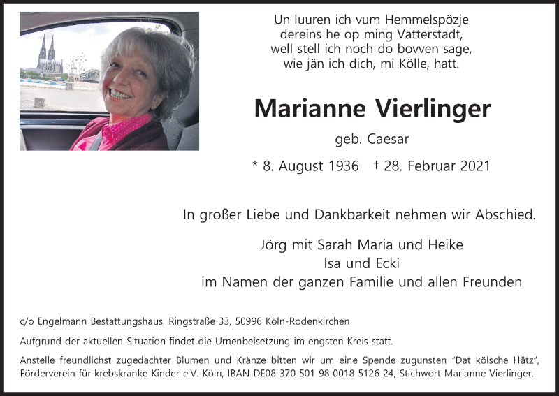  Traueranzeige für Marianne Vierlinger vom 13.03.2021 aus Kölner Stadt-Anzeiger / Kölnische Rundschau / Express