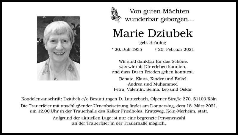  Traueranzeige für Marie Dziubek vom 13.03.2021 aus Kölner Stadt-Anzeiger / Kölnische Rundschau / Express
