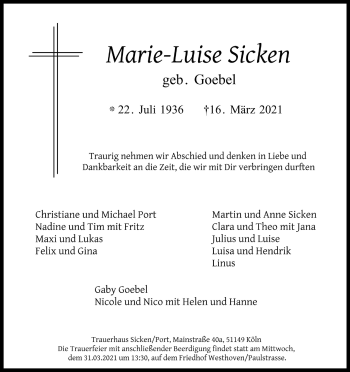 Anzeige von Marie-Luise Sicken von Kölner Stadt-Anzeiger / Kölnische Rundschau / Express