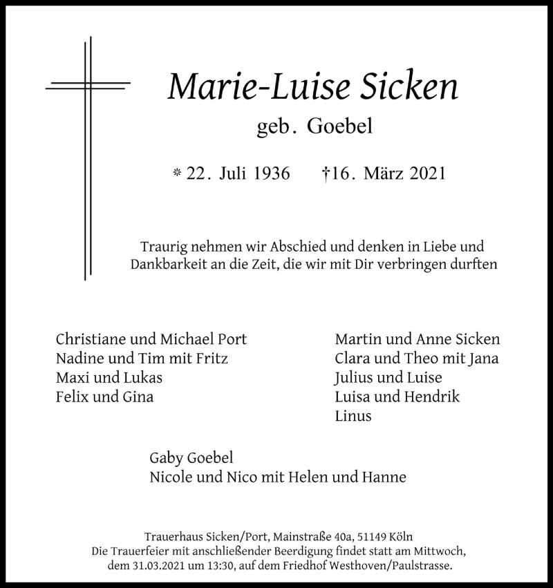  Traueranzeige für Marie-Luise Sicken vom 20.03.2021 aus Kölner Stadt-Anzeiger / Kölnische Rundschau / Express