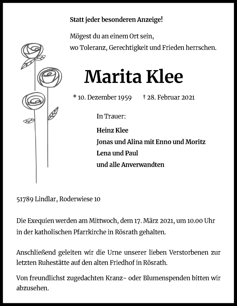  Traueranzeige für Marita Klee vom 13.03.2021 aus Kölner Stadt-Anzeiger / Kölnische Rundschau / Express
