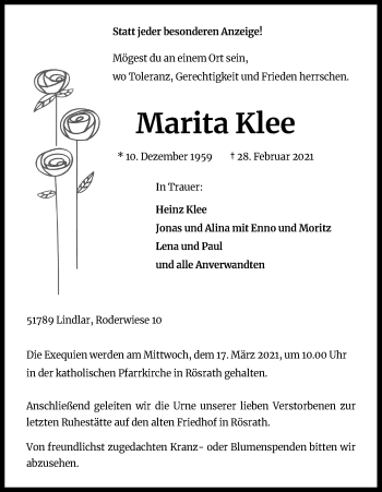 Anzeige von Marita Klee von Kölner Stadt-Anzeiger / Kölnische Rundschau / Express