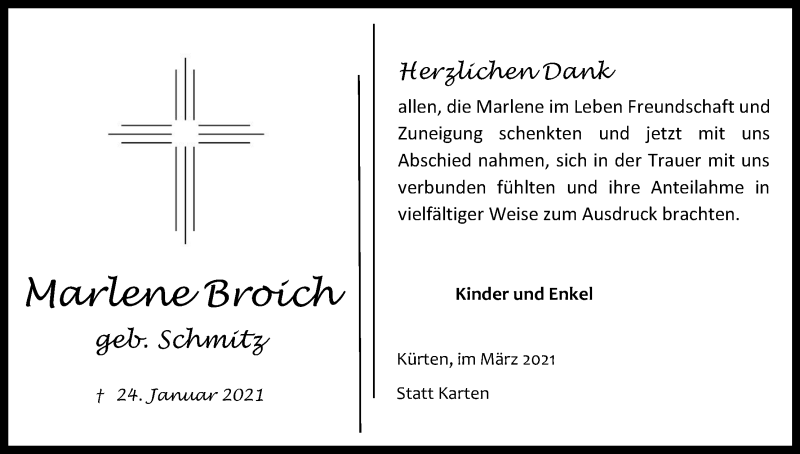  Traueranzeige für Marlene Broich vom 13.03.2021 aus Kölner Stadt-Anzeiger / Kölnische Rundschau / Express