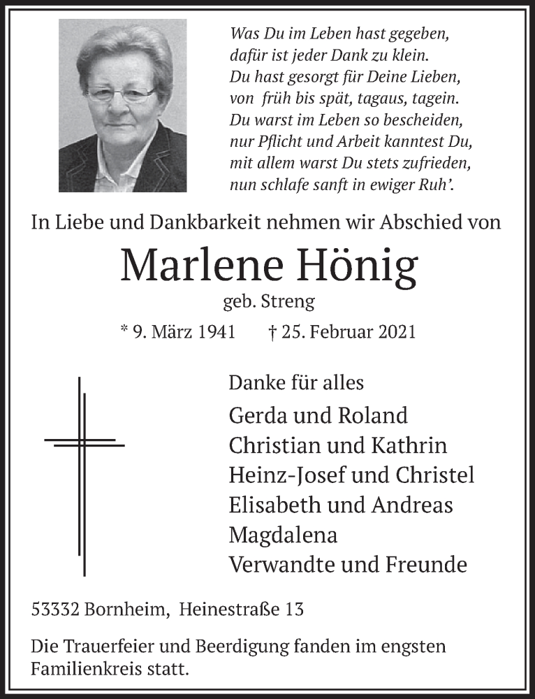  Traueranzeige für Marlene Hönig vom 05.03.2021 aus  Schaufenster/Blickpunkt 