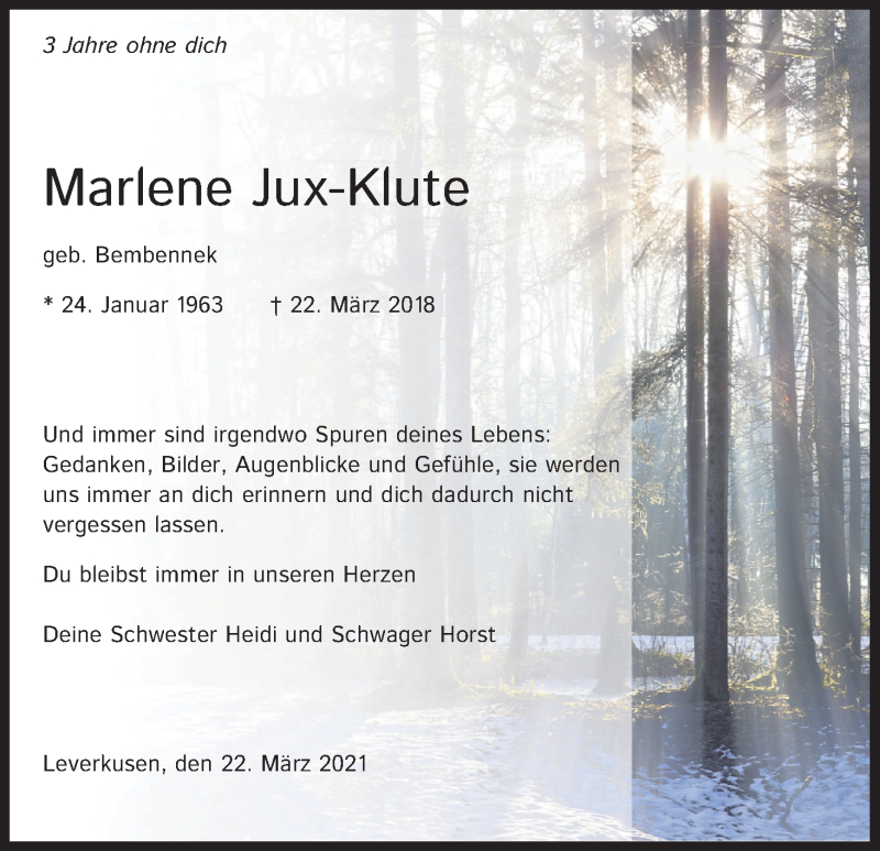  Traueranzeige für Marlene Jux-Klute vom 22.03.2021 aus Kölner Stadt-Anzeiger / Kölnische Rundschau / Express