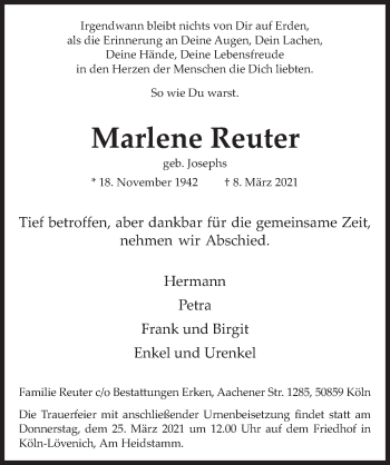 Anzeige von Marlene Reuter von  Kölner Wochenspiegel 
