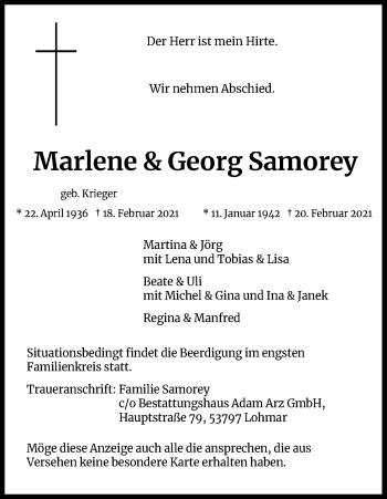 Anzeige von Marlene Samorey von Kölner Stadt-Anzeiger / Kölnische Rundschau / Express