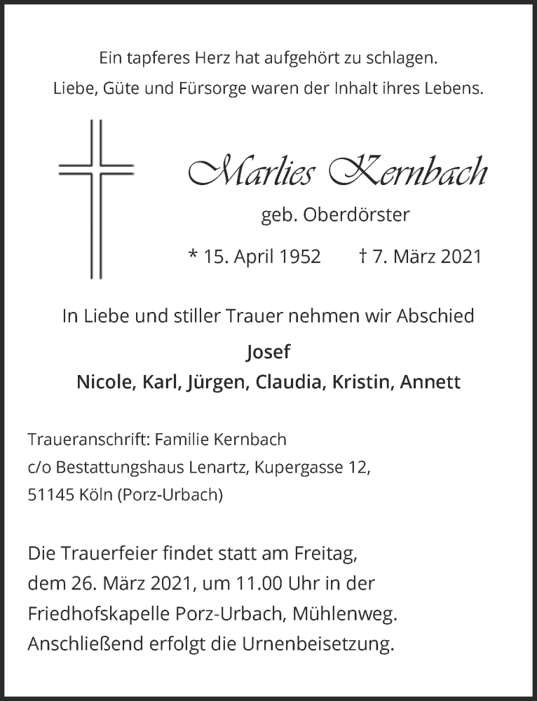  Traueranzeige für Marlies Kernbach vom 19.03.2021 aus  Kölner Wochenspiegel 