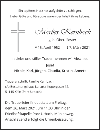 Anzeige von Marlies Kernbach von  Kölner Wochenspiegel 