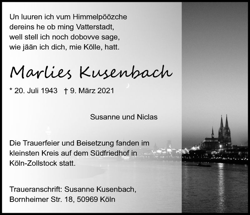  Traueranzeige für Marlies Kusenbach vom 20.03.2021 aus Kölner Stadt-Anzeiger / Kölnische Rundschau / Express