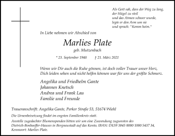 Anzeige von Marlies Plate von Kölner Stadt-Anzeiger / Kölnische Rundschau / Express