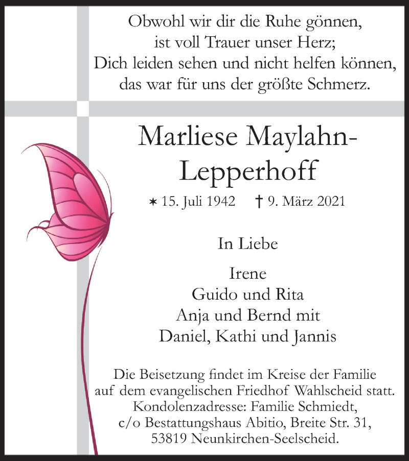  Traueranzeige für Marliese Maylahn-Lepperhoff vom 13.03.2021 aus Kölner Stadt-Anzeiger / Kölnische Rundschau / Express