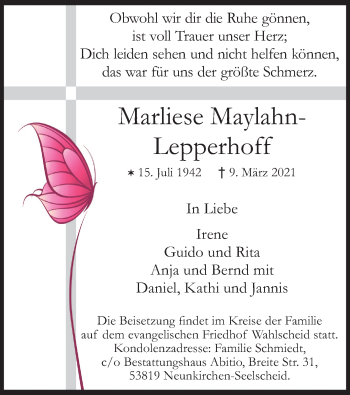 Anzeige von Marliese Maylahn-Lepperhoff von Kölner Stadt-Anzeiger / Kölnische Rundschau / Express